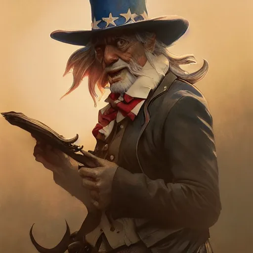 Prompt: uncle sam, d & d, fantasy, intricate, cinematic lighting, highly detailed, digital painting, artstation, concept art, smooth, sharp focus, illustration, art by artgerm and greg rutkowski and alphonse mucha