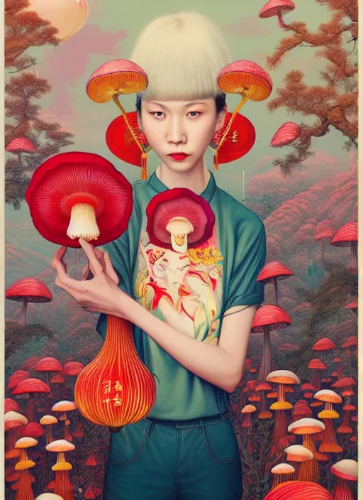 Image similar to pretty chinese girl holds hallucination mushroom : : by martine johanna and simon stalenhag and chie yoshii and casey weldon and wlop : : ornate, dynamic, particulate, rich colors, intricate, elegant, highly detailed, centered, artstation, smooth, sharp focus, octane render, 8 k