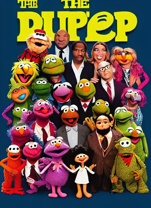 Image similar to The Muppet Show cast portrait photo, Pulp Fiction style, highly detailed, pop art poster, vector art, Unreal engine, Octane render, Weta digital, HDRP, RTX, volumetric lighting, poster artwork by Michael Whelan and Tomer Hanuka