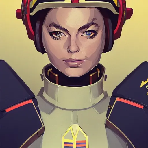 Prompt: portrait of a margot robbie as a gundam pilot, with an intricate, detailed, urban inspired hiphop afro futuristic helmet, vector behance hd jesper ejsing, rhads, makoto shinkai, lois van baarle, ilya kuvshinov, rossdraws, hd, 3 2 k, ilya kuvshinov, gustav klimt