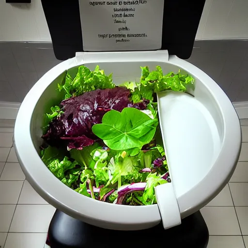 Prompt: a toilet with salad in it