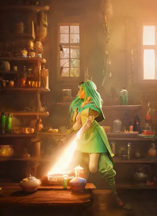 Image similar to An epic fantasy comic book style portrait painting of a light witch brewing a healing potion in her workshop, unreal 5, DAZ, hyperrealistic, octane render, cosplay, RPG portrait, dynamic lighting