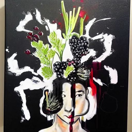 Image similar to “ a portrait in a black - walled apartment, sensual dance, a pig theme, art supplies, paint tubes, ikebana, herbs, a candle dripping white wax, squashed berries, berry juice drips, acrylic and spray paint and oilstick on canvas, surrealism, neoexpressionism ”