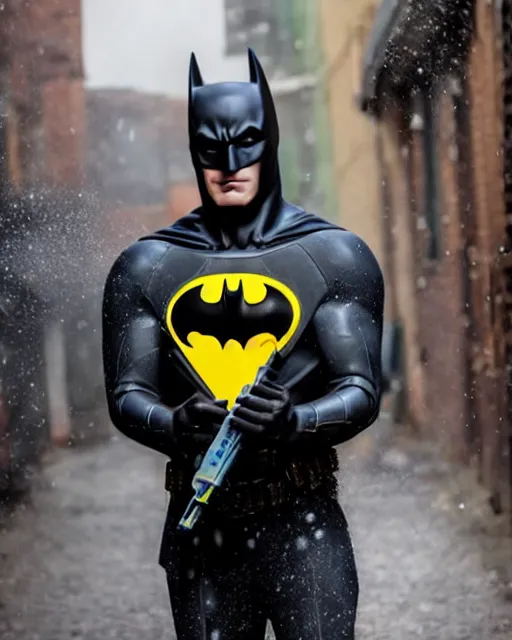 Image similar to happy batman firing super soaker water gun in an alleyway, everyone having fun, product advertisement, photography