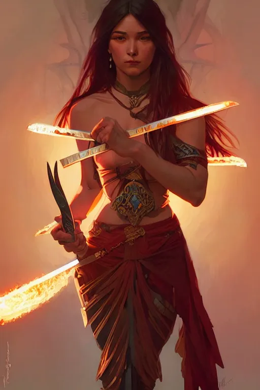 Image similar to a beautiful warrior woman with a fire sword, fantasy, sharp focus, intricate, elegant, digital painting, artstation, matte, highly detailed, concept art, illustration, ambient lighting, art by ilya kuvshinov, artgerm, Alphonse mucha, and Greg Rutkowski