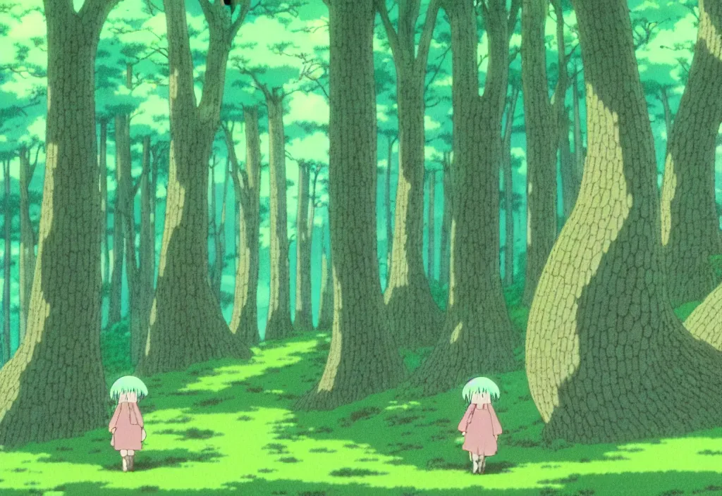 Prompt: Mumintroll walking through the forest, side view, art by hayao miyazaki, studio ghibli film, 4k, hi res, high detail