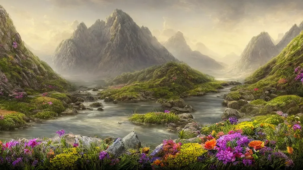 Image similar to Beautiful hyperrealistic detailed matte painting of a Landscape with a wide river in the middle of a meadow full of colorful flowers on the lost Vibes and mountains in the background, at the center there's a giant medieval fantasy portal gate with a rusty gold carved lion face at the center of it that takes you to another world, spring, delicate fog, sea breeze rises in the air, by andreas rocha and john howe, and Martin Johnson Heade, featured on artstation, featured on behance, golden ratio, ultrawide angle, well composed