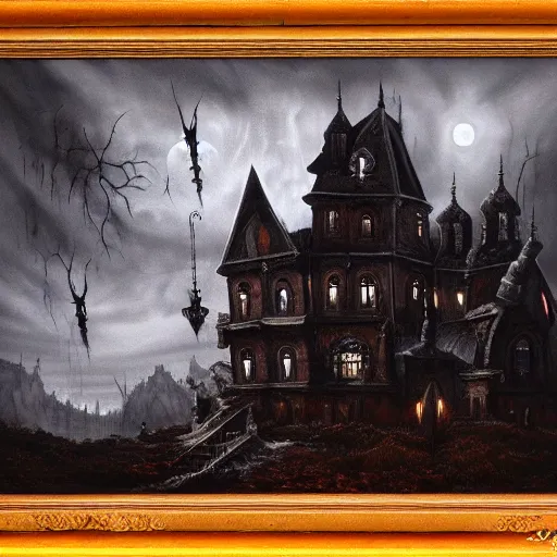 Image similar to dark and eerie gothic castle, extremely detailed, oil painting