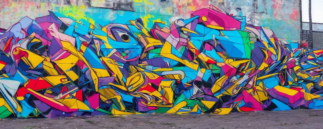 Prompt: a mural by loomit in street art style, graffiti painting, hyperdetailed, colorful, 3 d, perspective, dynamic, plastic, complex, intricate