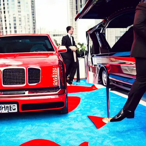 Prompt: a wide shot from a low angle of a chicken dressed in a suit stepping out of a limo and onto a red carpet