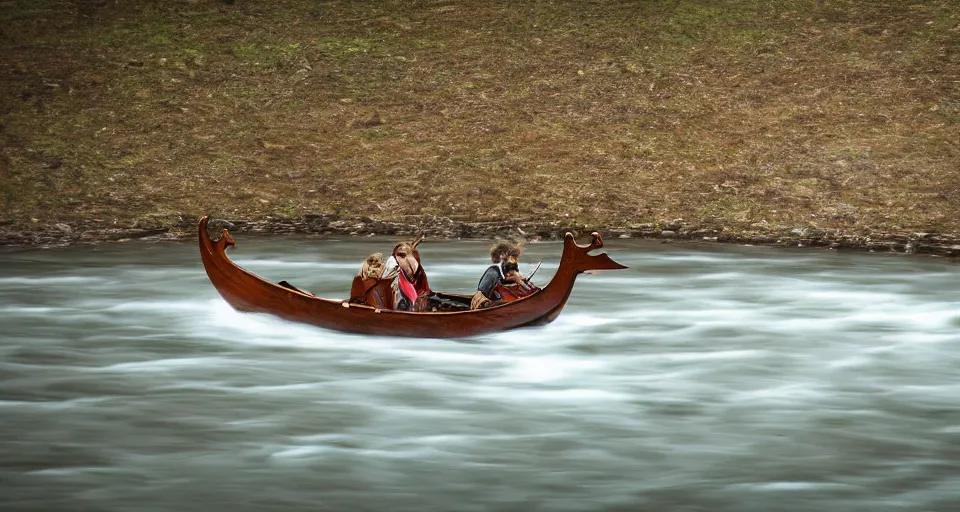 Image similar to fast viking ship sailing down a river, f / 2. 8, motion blur