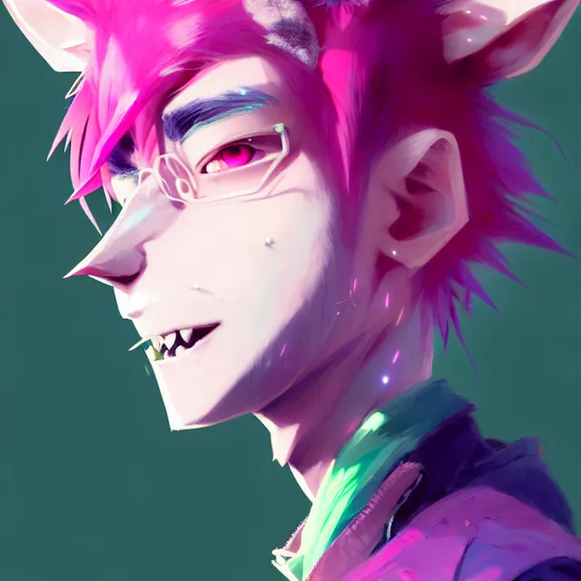 Image similar to a beautiful headshot portrait of a handsome anime male boy with pink hair and pink wolf ears and green eyes wearing cyberpunk clothes. character design by cory loftis, fenghua zhong, ryohei hase, ismail inceoglu and ruan jia. artstation, volumetric light, detailed, photorealistic, fantasy, rendered in octane