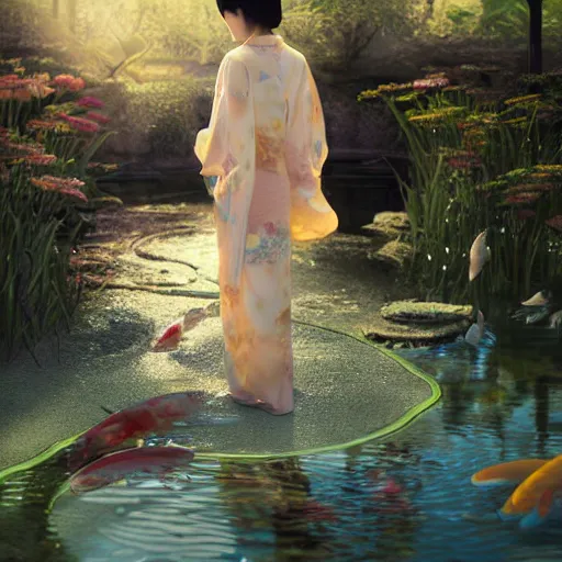 Prompt: portrait of a young japanese woman looking at koi fish in a pond, dim volumetric lighting, 8 k octane beautifully detailed render, post - processing, extremely hyper - detailed, intricate, epic composition, cinematic lighting, masterpiece, trending on artstation, detailed detailed detailed, stunning art by anders zorn, wonderful masterpiece by greg rutkowski, beautiful cinematic light
