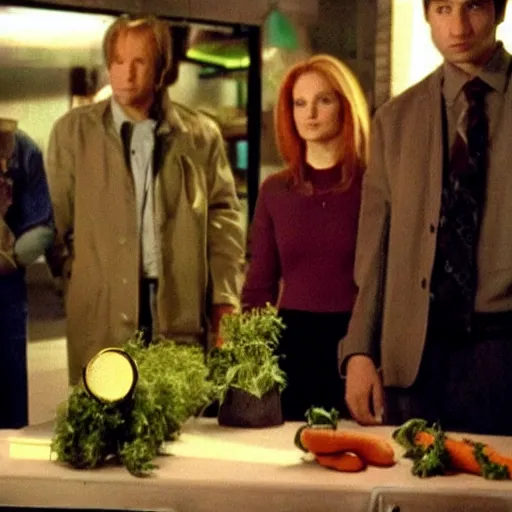 Prompt: Carrots standing upright in a restaurant, On the television show The X Files