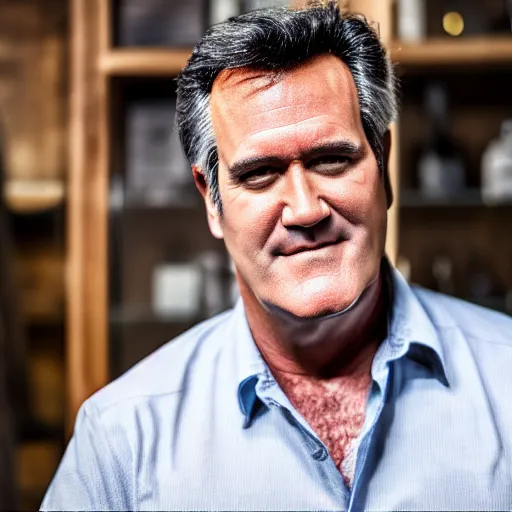 Prompt: bruce campbell having a glass of scotch, ( sony a 7 r iv, symmetric balance, polarizing filter, photolab, lightroom, 4 k, dolby vision, photography awardm, voque, perfect face )