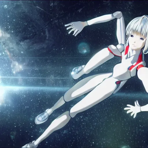 Image similar to HYPER REALISTIC VFX SIMULATION, This is a digital art piece by Yoshiyuki Sadamoto that is trending on artstation. It is a 8K UHD image of Rei Ayanami, a female anime character, inside a space station with technological rings. She is shot from the ground by Yoshiyuki Sadamoto. The environment is a concept design and the art is hyper realistic with intricate details.