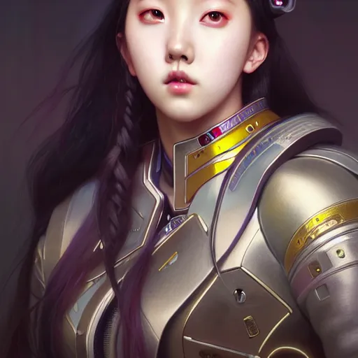 Image similar to portrait painting of olivia hye kpop as a cheerful smiling cyberpunk mercenary, ultra realistic, concept art, intricate details, eerie, highly detailed, photorealistic, octane render, 8 k, unreal engine. art by artgerm and greg rutkowski and magali villeneuve and alphonse mucha