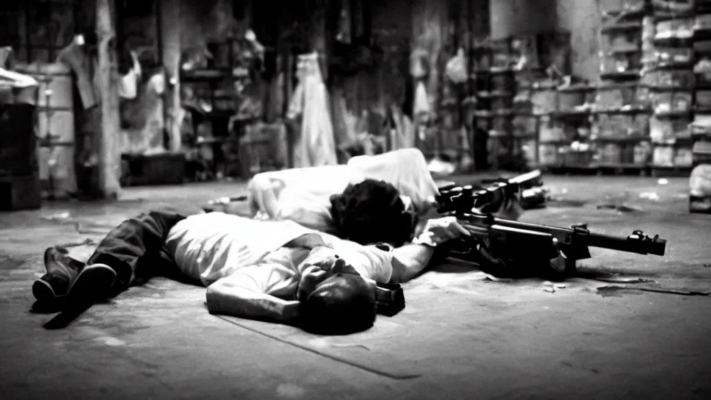 Image similar to film still of a wounded man in a white shirt laying in a warehouse next to a gun on the ground. moody, grainy, 4 k, directed by quentin tarantino,