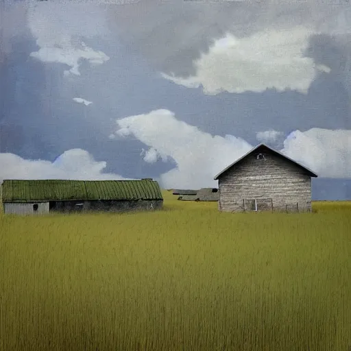 Image similar to “a soft prairie landscape with a white washed farmhouse and dilapidated barn, during august late afternoon, gentle wispy clouds, in the style of Andrew Wyeth, muted colours, f3.5”