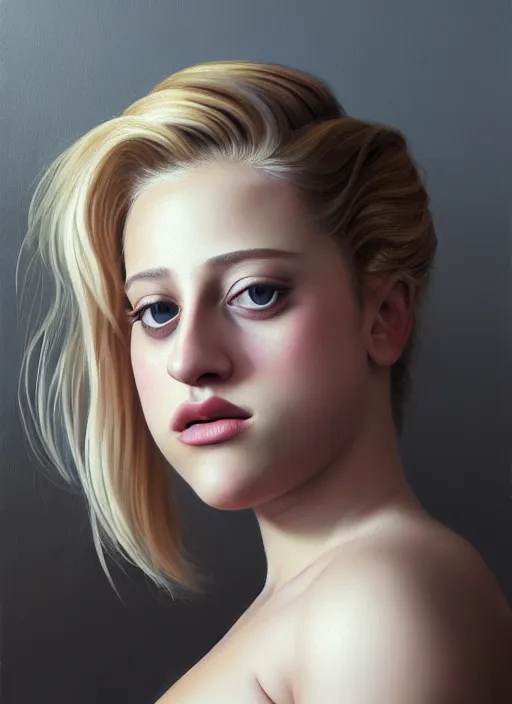 Prompt: full body portrait, teenage lili reinhart, blonde hair, obese, bangs, ponytail, sultry, realistic, sultry smirk, fluffy bangs, curly bangs, fat, belly, intricate, elegant, highly detailed, digital painting, artstation, concept art, smooth, sharp focus, illustration, art by wlop, mars ravelo and greg rutkowski