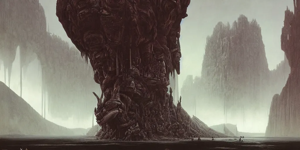 Prompt: the depths of a vast artificial world with massive towering pillars holding the ceiling of the landscape up, detailed, ruby coloration, energetic beings patrolling, extreme depth, wayne barlowe and peder balke collaboration, godrays, colossal hovering machine automations of brutalist design visible in the foreground