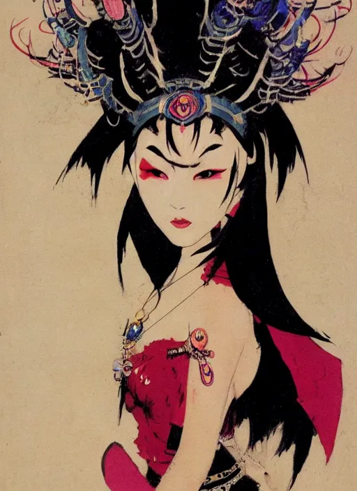 Image similar to female korean vampiress, jeweled headdress, heavy mascara, strong line, saturated color, beautiful! coherent! by frank frazetta, high contrast, minimalism