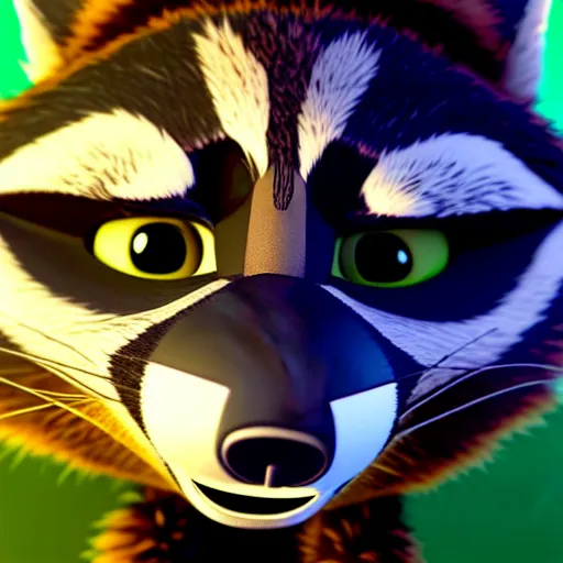 Image similar to a stoner with a black hoodie on with a marijuana themed dark green raccoon head from zootopia, 3 d, blender 3 d, render, extremely detailed, 8 k, has red eyes and a relaxed expression