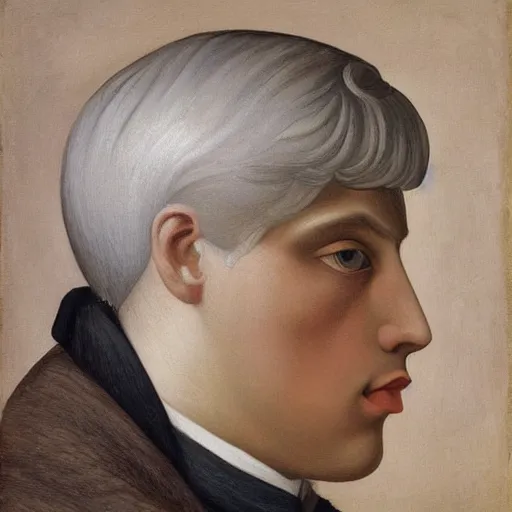 Prompt: a painting showing a young man with a white hair, a mid - nineteenth century engraving by giorgio de chirico, trending on deviantart, pre - raphaelitism, ilya kuvshinov, androgynous, studio portrait