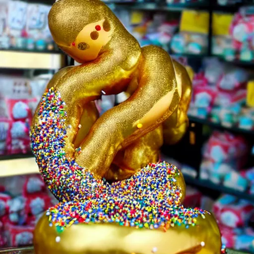 Prompt: a gold statue that ate all the donuts in the shop, covered in sprinkles and crumbs