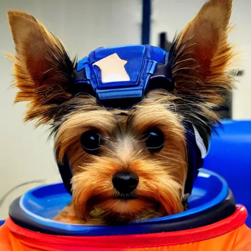 Image similar to A Yorkshire Terrier in a space suit, its face, smiling, clearly visible inside the helment /imagine https://discord.com/channels/1002292111942635562/1005628033945837620/1006191040228753459