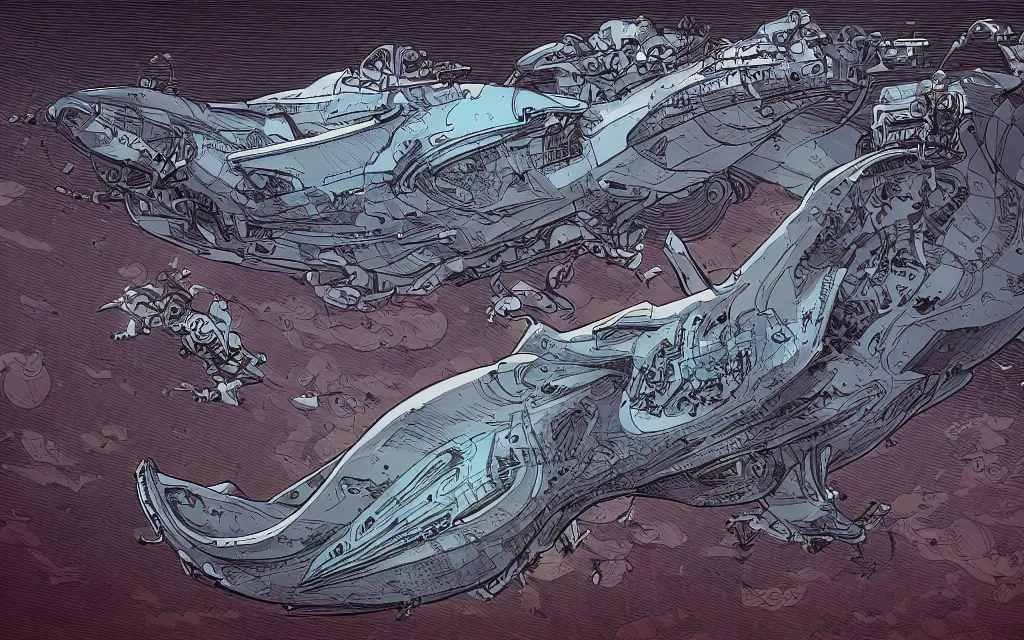 Image similar to biomechanical flying whale, in the style of james jean and laurie greasley, dynamic composition, dramatic lighting, ultra detailed, nitro colors