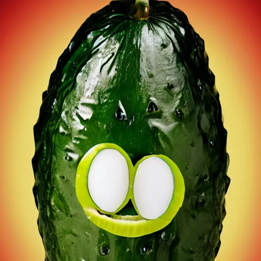Image similar to photograph of a pickle with a screaming face