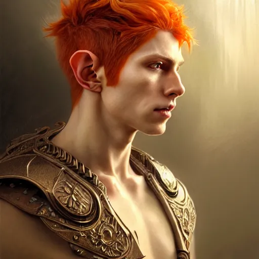 Image similar to portrait painting of an elven young man with short light orange hair and tribal tattoos on cheekbones wearing fur armor, ultra realistic, concept art, intricate details, eerie, highly detailed, photorealistic, octane render, 8 k, unreal engine. art by artgerm and greg rutkowski and charlie bowater and magali villeneuve and alphonse mucha