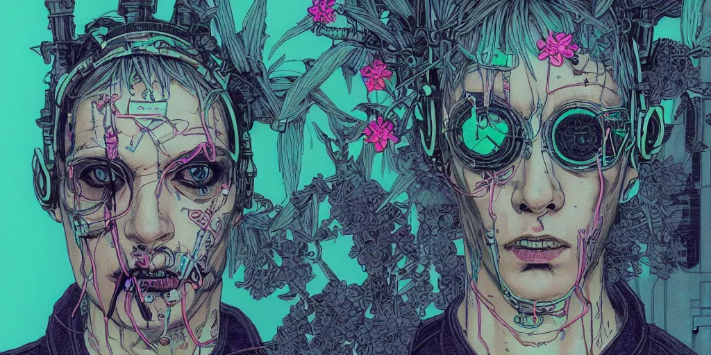 Prompt: risograph grainy drawing cyberpunk antagonist face wearing cyberpunk accessories, photorealistic colors, with huge piercings, face covered with plants and flowers, by moebius and satisho kon and dirk dzimirsky close - up portrait, hyperrealistic