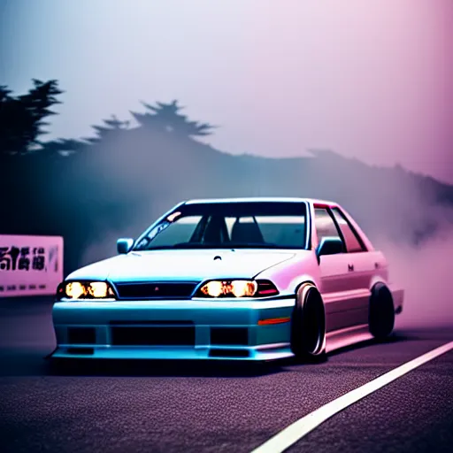 Prompt: a car JZX100 turbo drift at illegal car meet, Gunma prefecture, midnight mist lights, cinematic color, photorealistic, highly detailed wheels, highly detailed