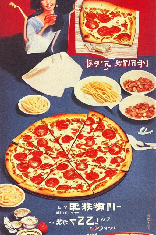 Prompt: pizza and pasta advertisment, still life, 1 9 7 0 s japan shouwa advertisement, print, nostalgic