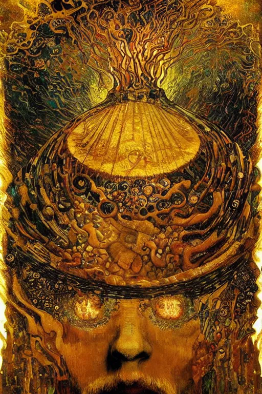 Prompt: The Pyre Bottle by Karol Bak, Jean Deville, Gustav Klimt, and Vincent Van Gogh, otherworldly, fractal structures, arcane, glass bottles within glass bottles, fire on a bottle, inferno, inscribed runes, ornate gilded medieval icon, third eye, spirals