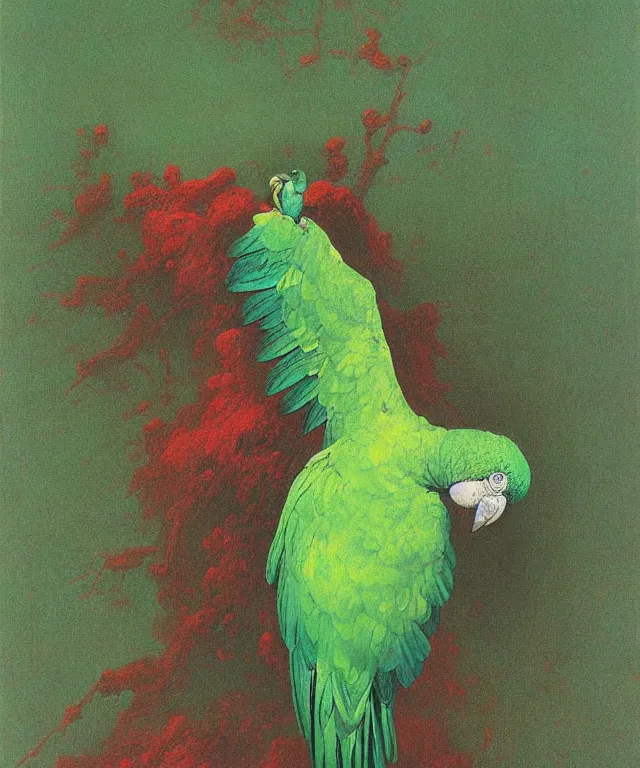 Image similar to beautiful emerald green parrot with red aura and eyes, by zdzisław beksinski, by gustave dore