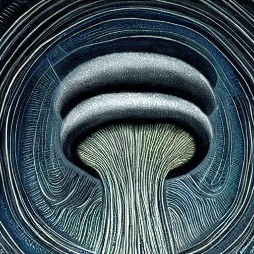 Prompt: beautiful roud mushroom cap is an alien ship, bottom view, luminous lamellae are clearly visible, no stipe, Giger, black background, hyper realism, epic composition