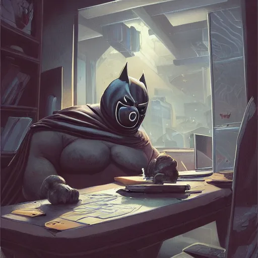 Image similar to a insanely detailed painting of a fat masked superhero wearing a costume sitting at a desk, staring at the nervously at the computer typing, in the style of peter mohrbacher, dramatic lighting and composition, trending on artstation, concept art, comic book
