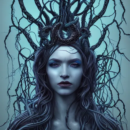 Image similar to dramatic portrait of the dark goddess of snakes, wearing a crown of thorned vines, blue skin, wrapped in snakes, realism, dark fantasy illustration, surrounded by twisting forest, dynamic lighting, detailed textures, octane render, artstation