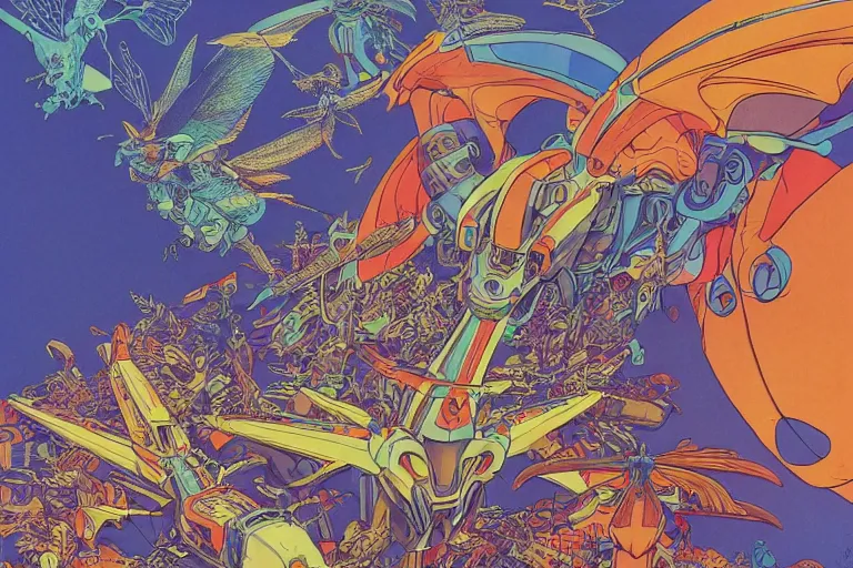 Prompt: gigantic mecha arzach birds with dragonflies, tiny rats, a lot of exotic animals around, big human faces everywhere, helicopters and tremendous birds, risograph drawing by satoshi kon and moebius, matte summer blue colors, surreal psychedelic design, 4 k