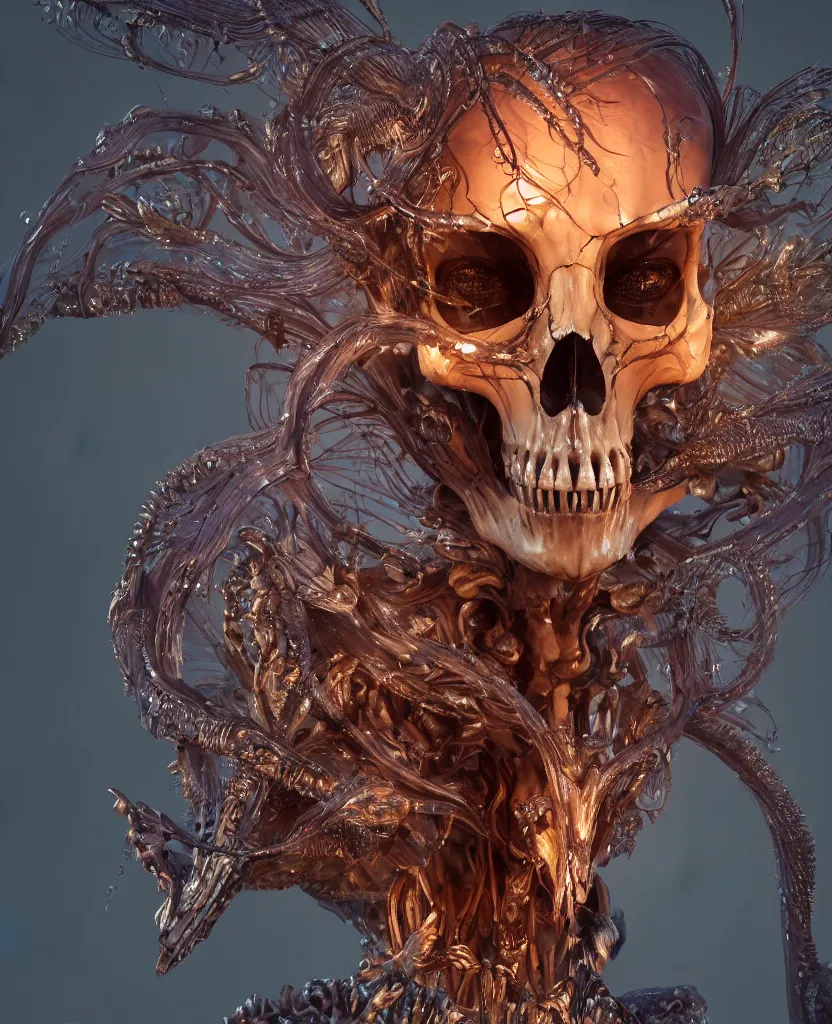 Image similar to close-up macro portrait of the face of a beautiful princess with animal skull mask, epic angle and pose ribcage skeleton, symmetrical artwork, 3d with depth of field, blurred background, cybernetic jellyfish female face skull phoenix bird, translucent, nautilus, energy flows of water and fire. a highly detailed epic cinematic concept art CG render. made in Maya, Blender and Photoshop, octane render, excellent composition, cinematic dystopian brutalist atmosphere, dynamic dramatic cinematic lighting, aesthetic, very inspirational, arthouse. y Greg Rutkowski, Ilya Kuvshinov, WLOP, Stanley Artgerm Lau, Ruan Jia and Fenghua Zhong