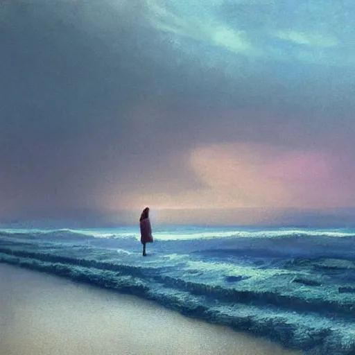 Image similar to atmospheric dreamscape painting of a woman on a pier on a stormy day, gazing out over the tormented waters by moebius and john harris, atmospheric blues, concept art, saturation 40