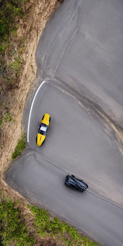 Prompt: detailed dji mavic flying over a mountain road with a super car on it, photo, kodak portra 4 0 0, direct flash, cinematic lightning, anti aliasing