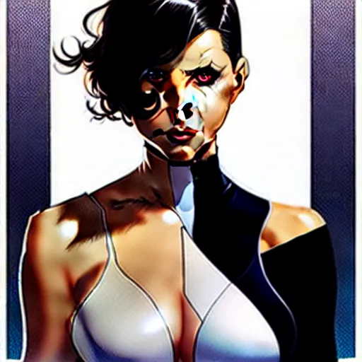 Prompt: artgerm, joshua middleton comic cover art, pretty domino character marvel comics sarah michelle gellar, place white skin, asymmetrical black spot covering left eye only, no spot right eye white around right eye asymmetrical eye