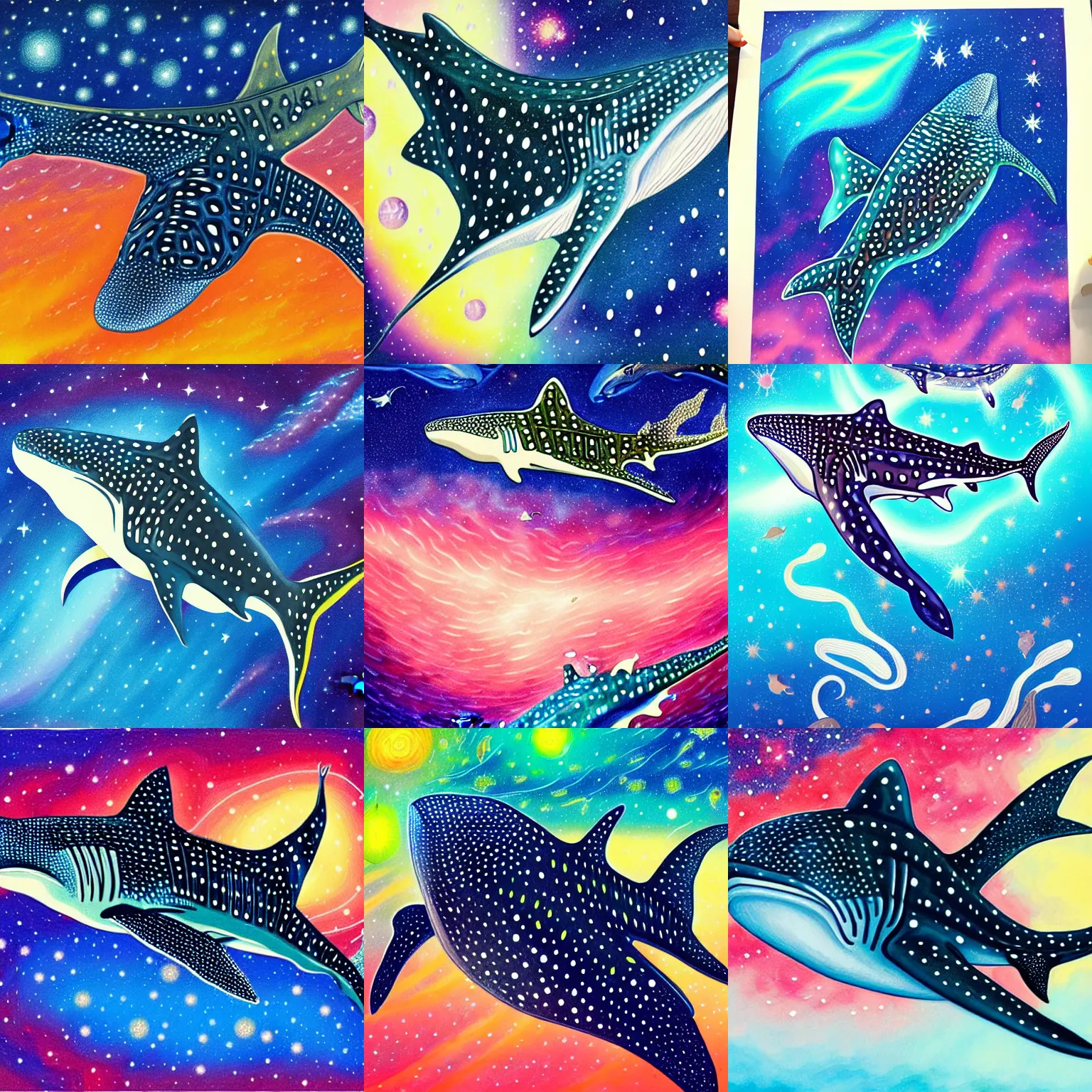 Prompt: finely detailed gouache painting of a whale shark, swirling luminous nebula background, elegant, ultra detailed, gouache illustration of whale - shark foreground, colorful nebula background, sharp focus, magical realism, sfumato