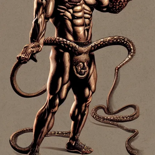 Prompt: serpent - man warlord wearing bronze age clothing, bodybuilder snake, anatomical, horrific background symmetrical, zoom out, high quality, high definition, 8 k, photograph photorealistic by frank frazetta