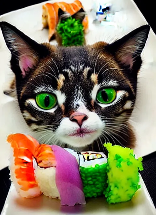 Image similar to clear photorealistic picture of adorable cats made out of sushi