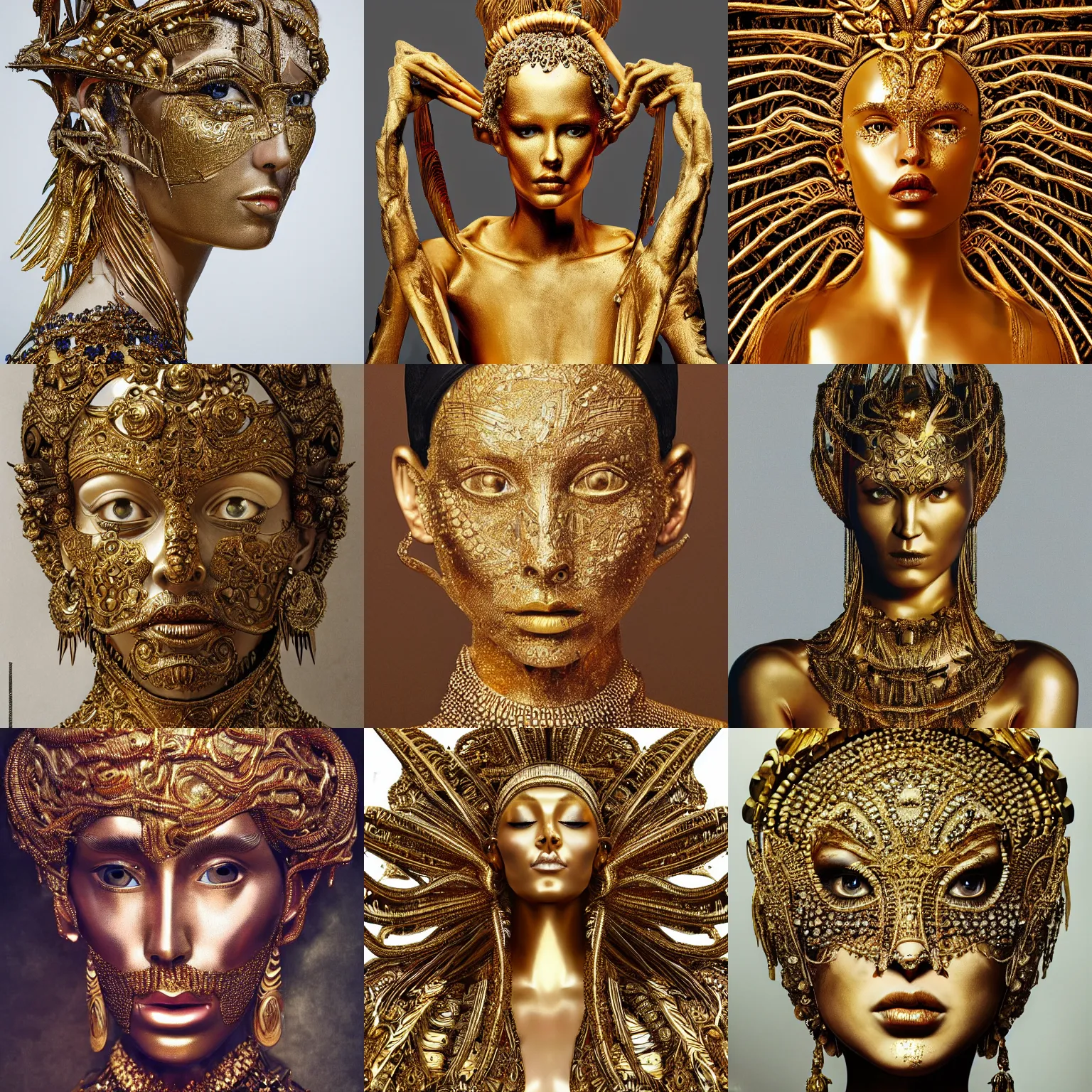 Prompt: sculpture made of gold, portrait, future, shaman, gold, close up, harper's bazaar, vogue, magazine, insanely detailed and intricate, concept art, ornate, luxury, elite, elegant